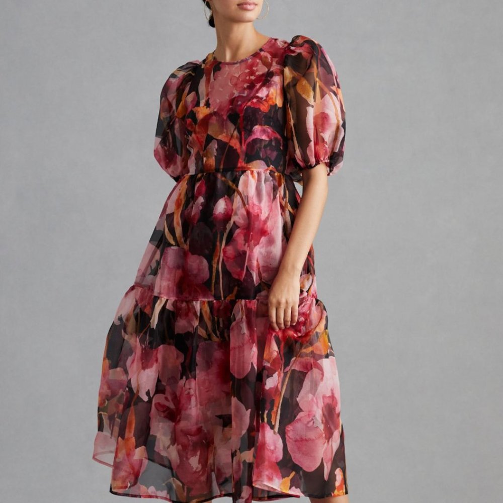 Anthropologie Puff-Sleeve Organza Midi Dress in Pink Floral